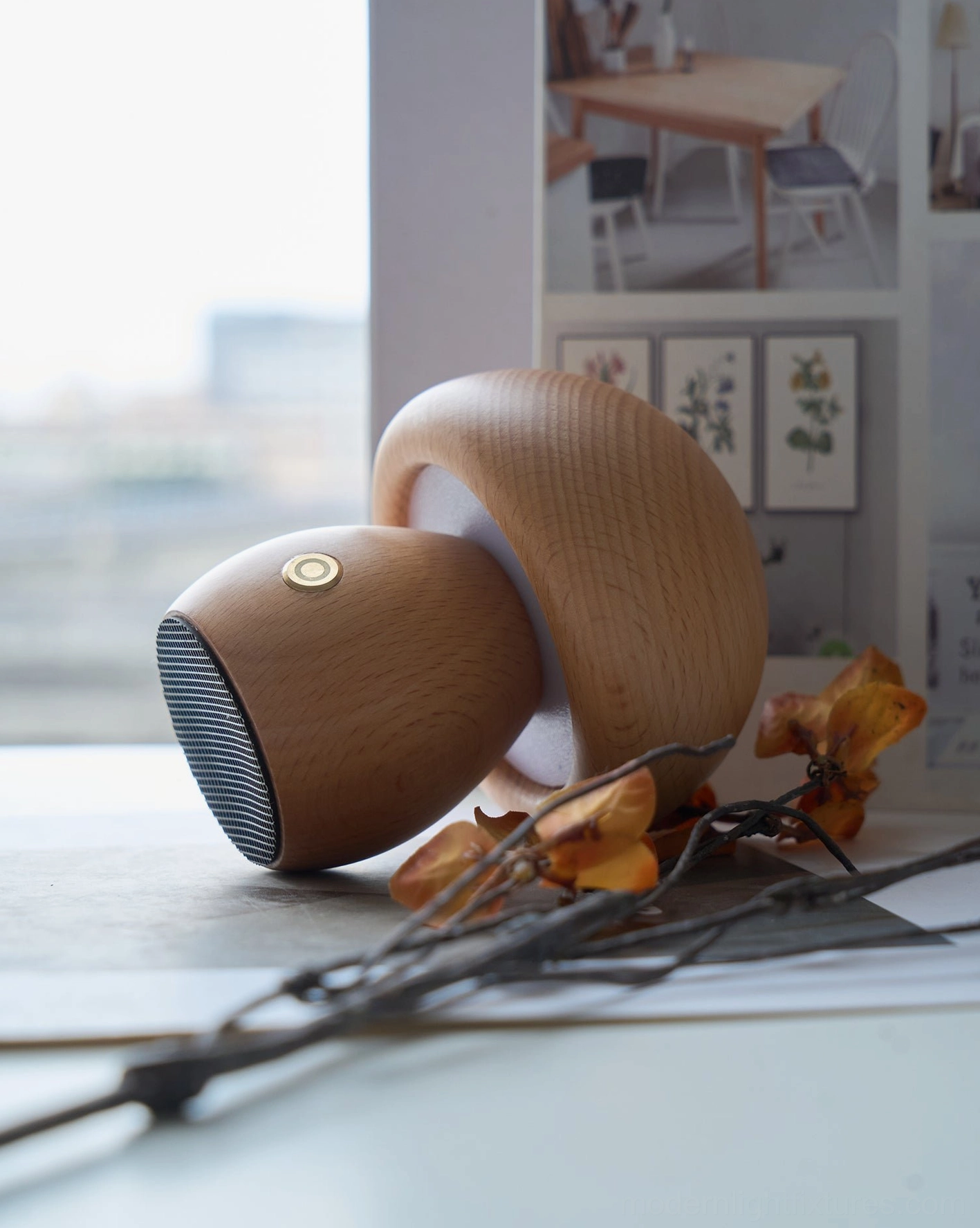 Mushroom table lamp eco-conscious home showing sustainable wood materials and environmental responsibility