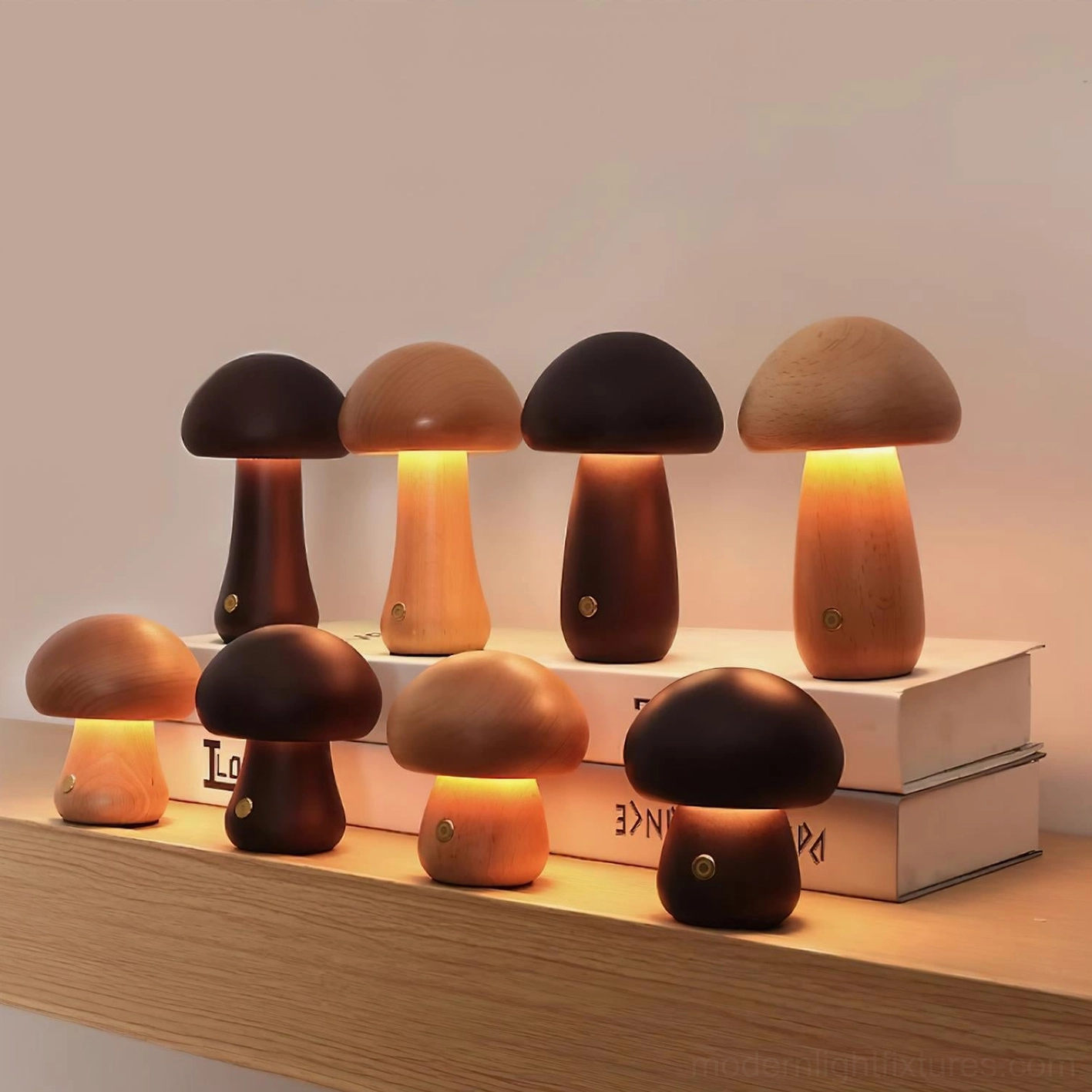Eco-friendly wooden mushroom table lamp demonstrating sustainable materials and 50000 hour LED lifespan