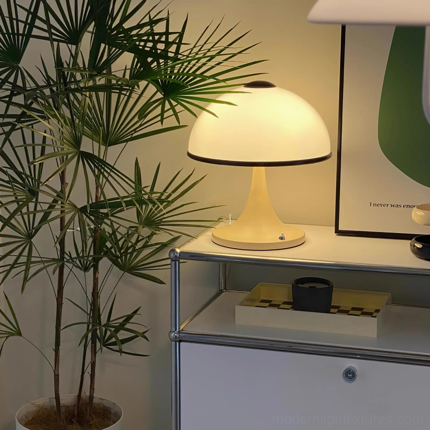 Mushroom dome table lamp full product view glossy shade matte base contrast design