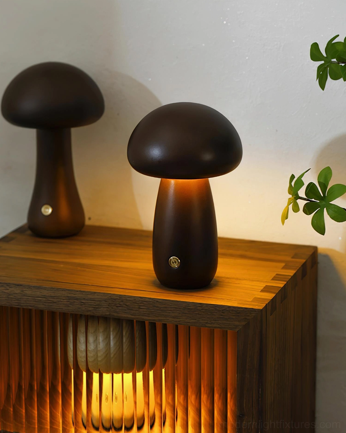 Wooden mushroom table lamp home office desk setup providing adjustable light modes for productivity