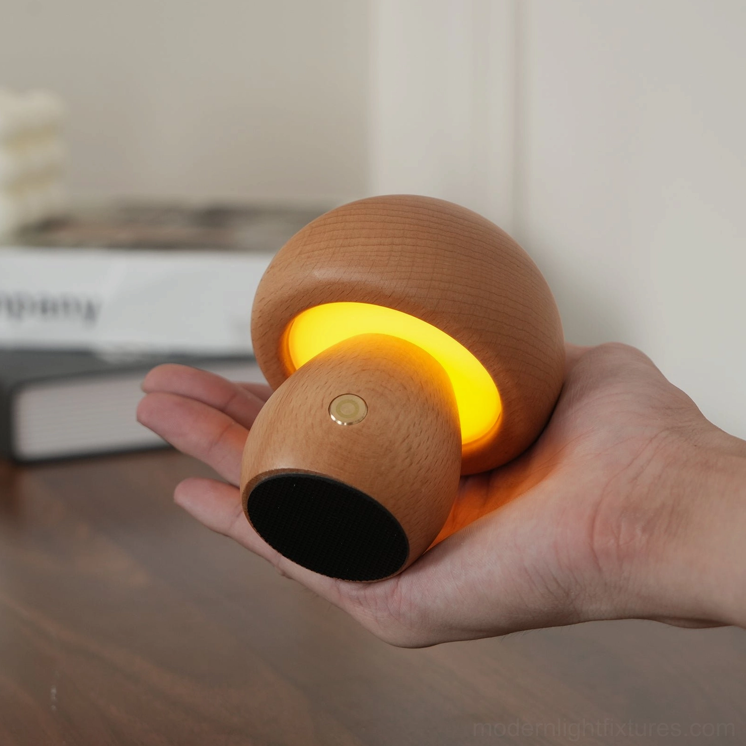 Wooden mushroom table lamp certification features showing North America EU Australia compliance