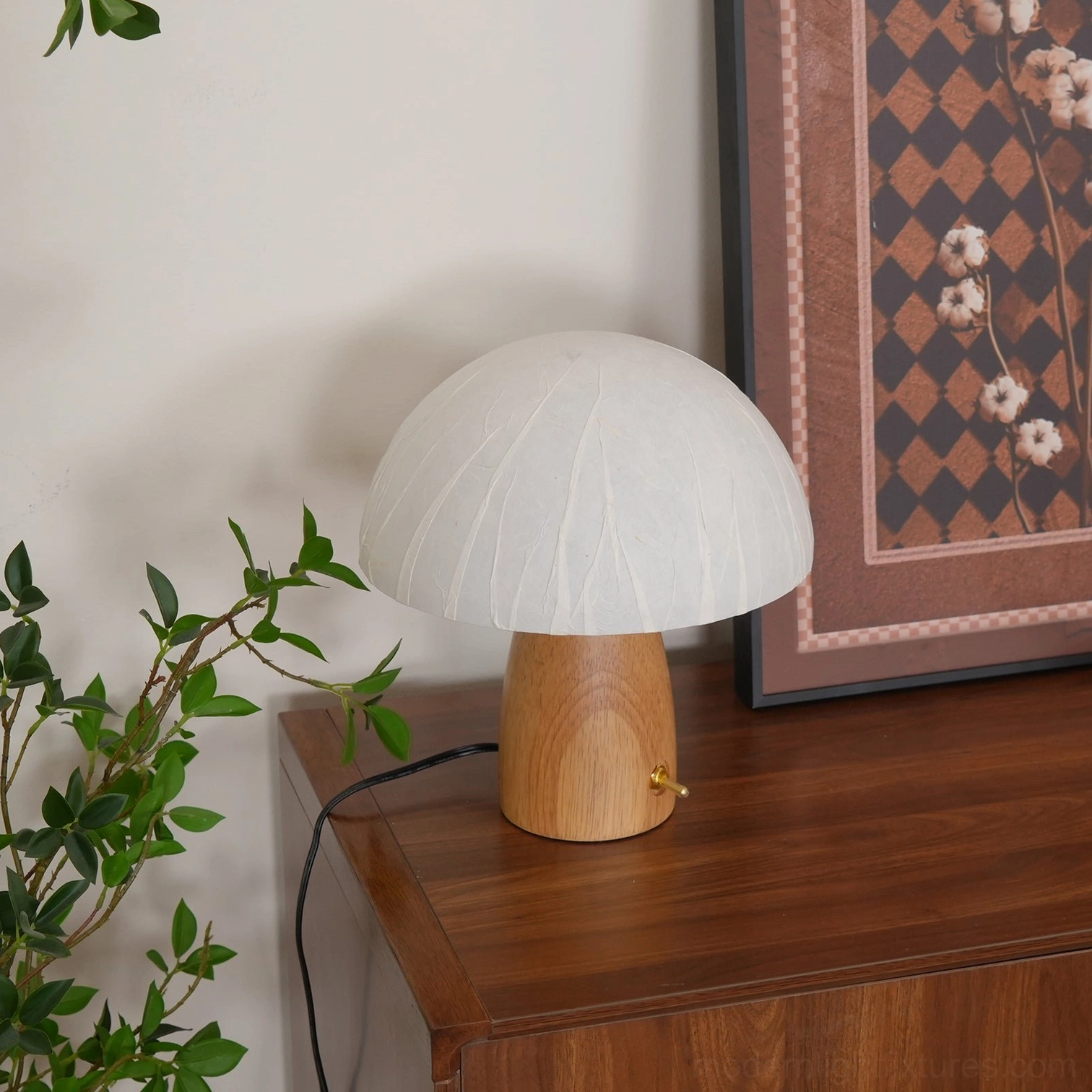 Wood and acrylic mushroom table lamp material detail showing texture and construction