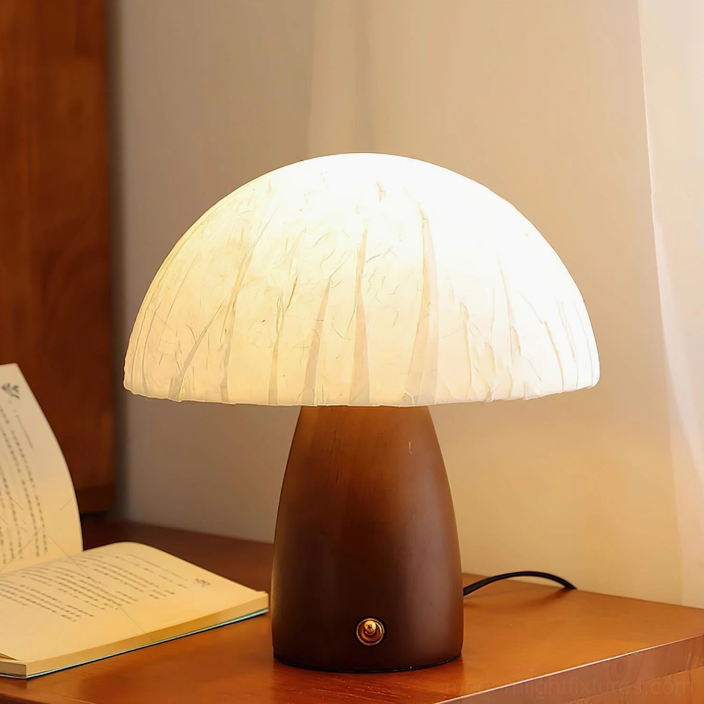 Mushroom table lamp styled with decorative accessories in minimalist interior
