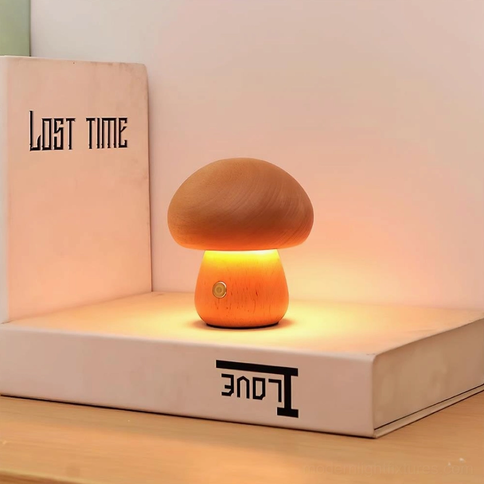 Wooden mushroom table lamp model A compact size showing perfect proportion for small spaces and accents