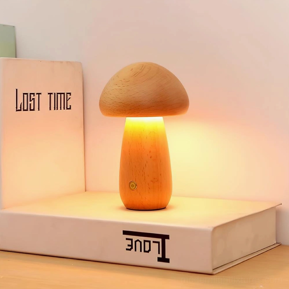 Wooden mushroom table lamp model C medium size showing enhanced height for prominent surface placement