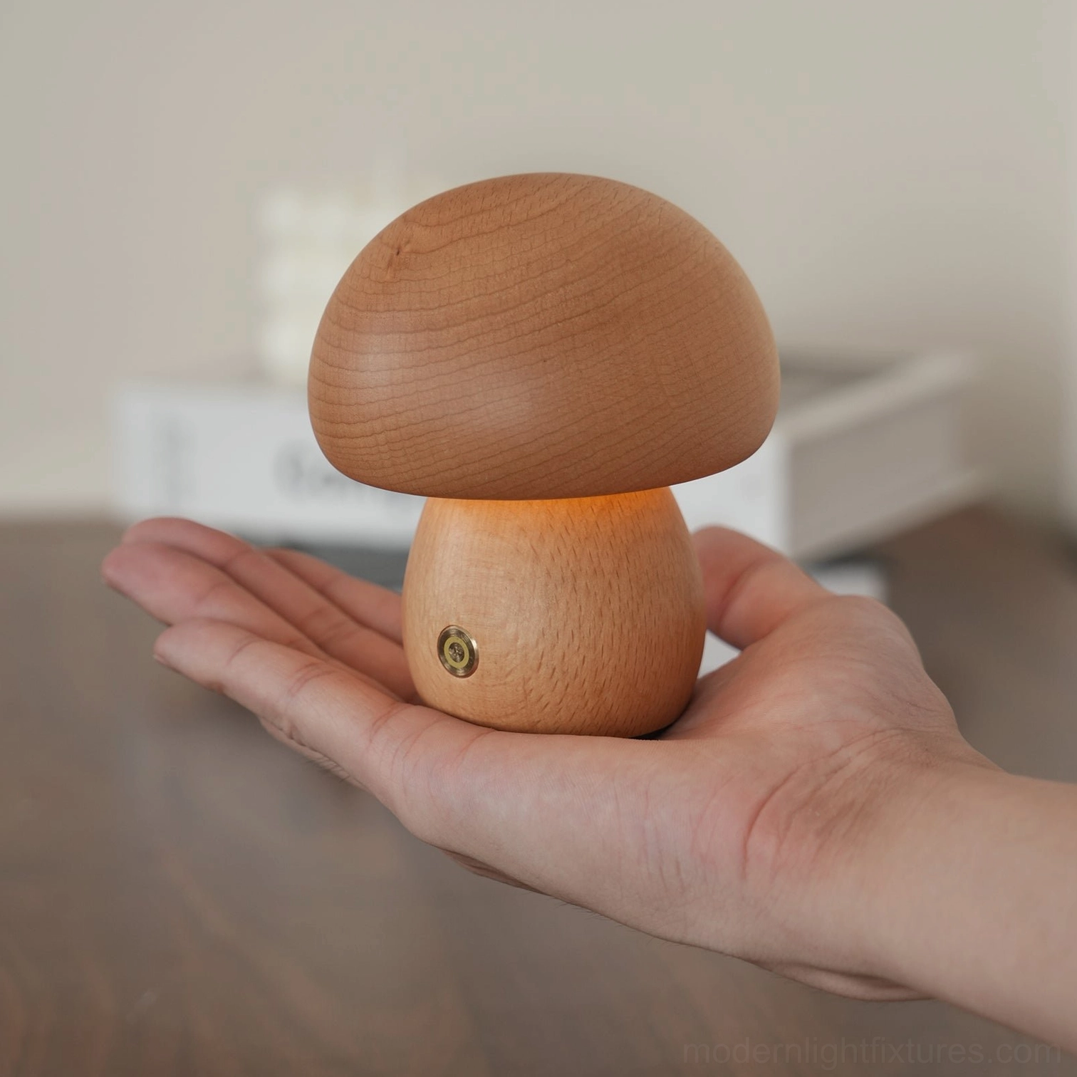 Mushroom table lamp set in natural wood color showing biophilic design principles for minimalist interiors
