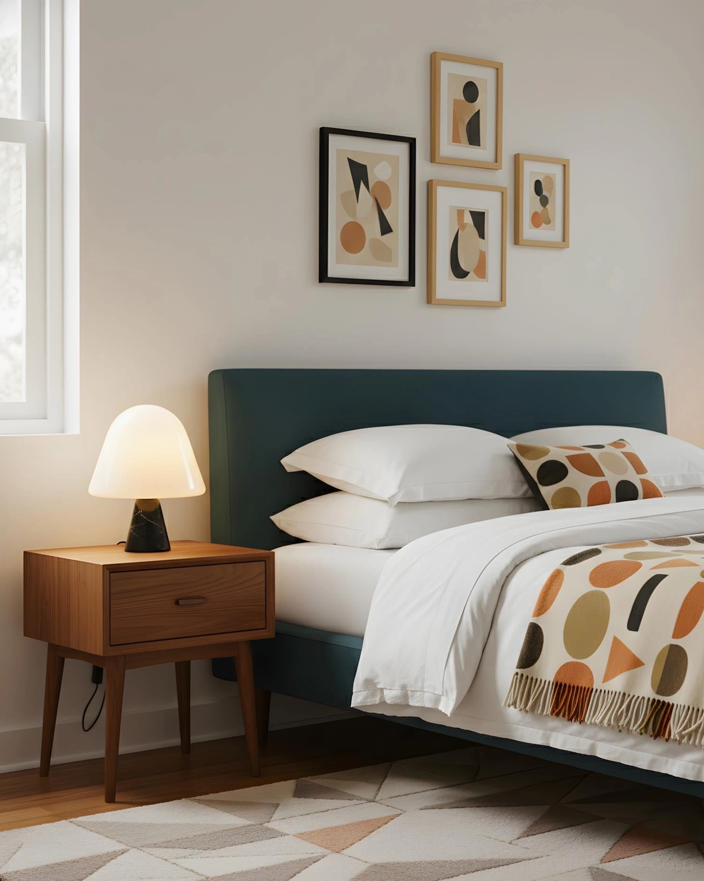 Minimalist marble mushroom lamp on wood nightstand in cozy master bedroom with gallery wall decor and soft bedside illumination