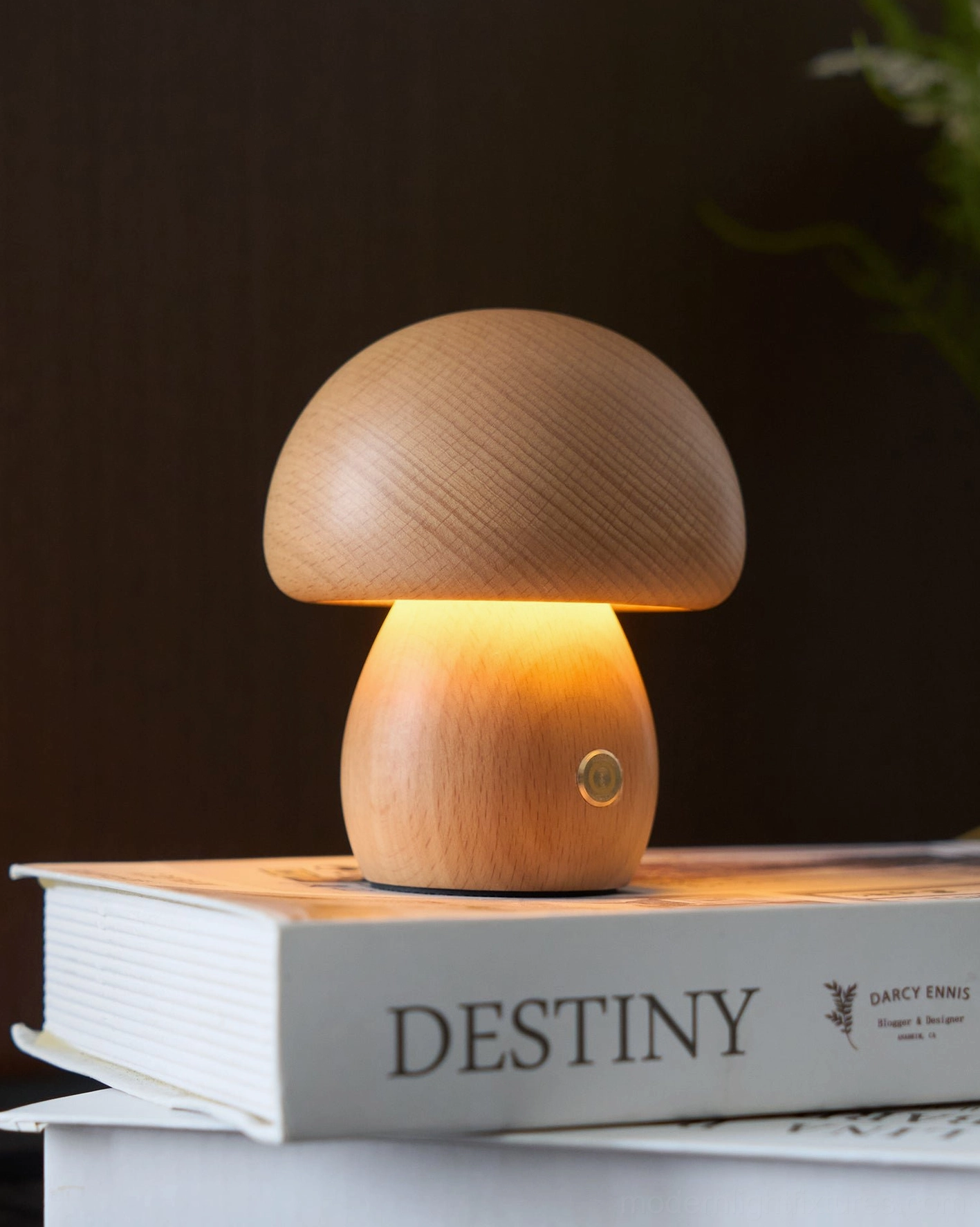 Mushroom table lamp child nursery room showing soft warm lighting and organic design safety features