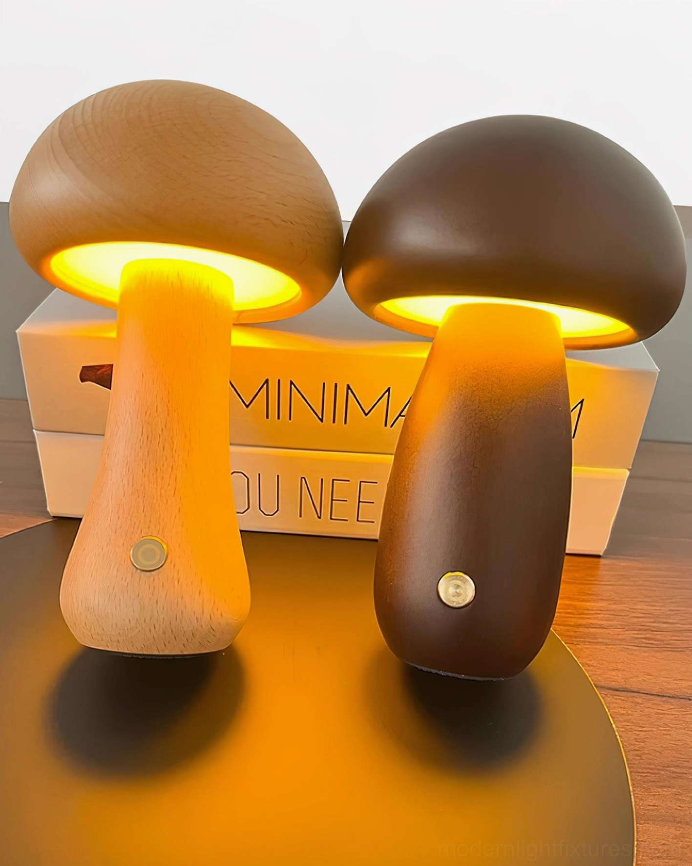 Mushroom table lamp paired styling on console surface with decorative accessories and minimalist aesthetic