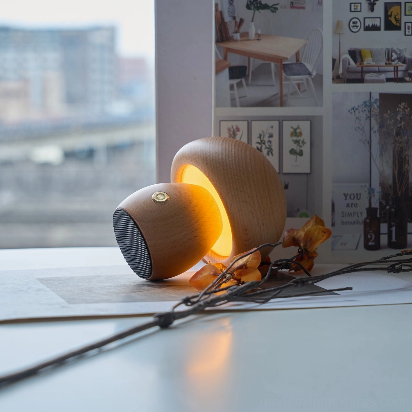 Wooden mushroom table lamp vacation home styling showing portable battery-powered travel lighting solution