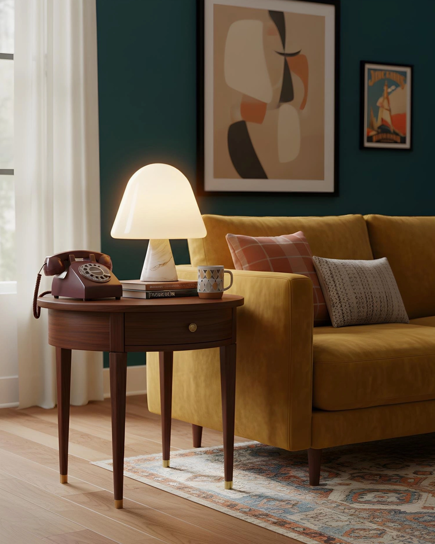 Modern marble mushroom lamp on round side table in mid-century lounge area with vintage rotary phone and retro decor elements