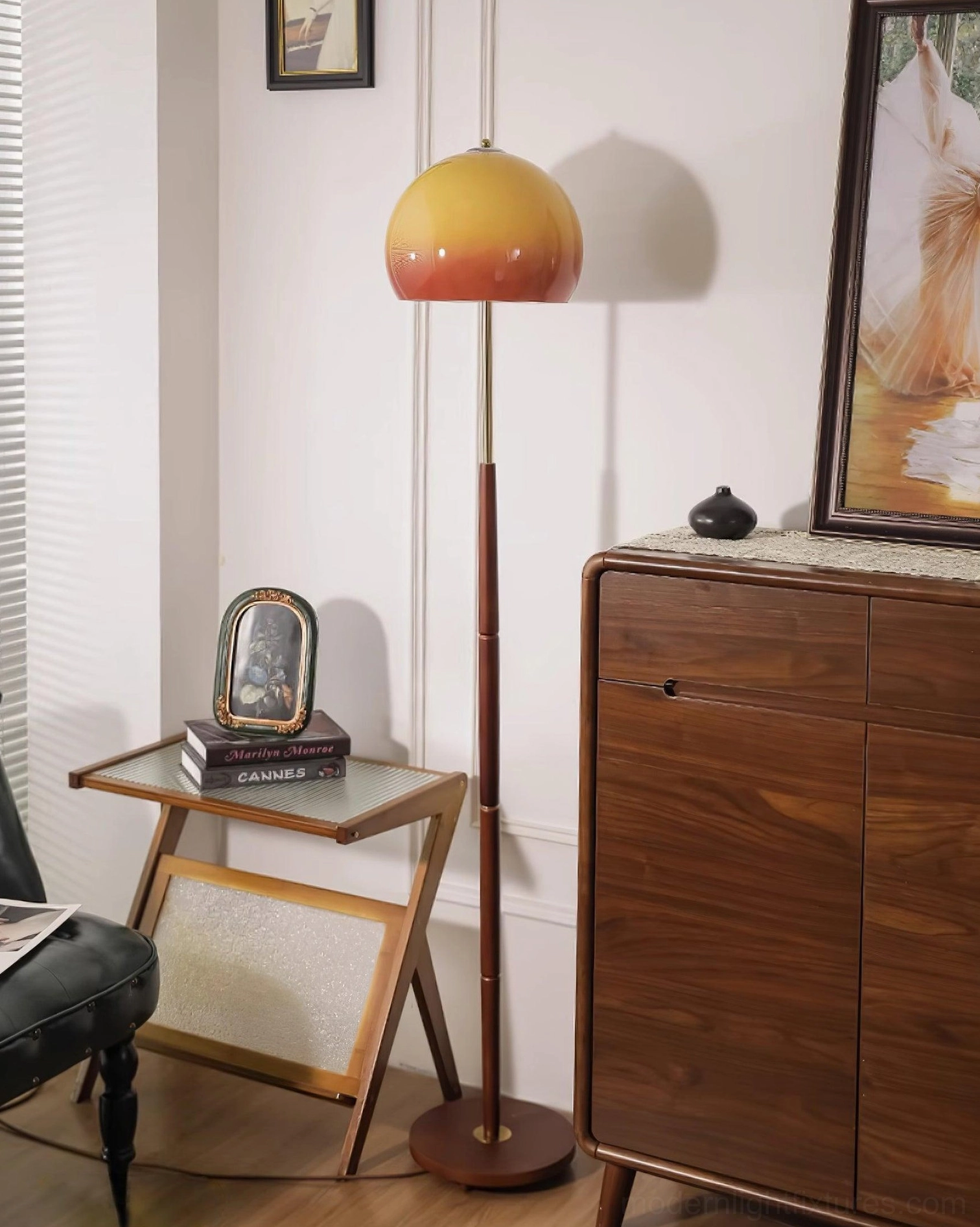 Mushroom-shaped floor lamp as statement piece in Scandinavian design room with neutral tones
