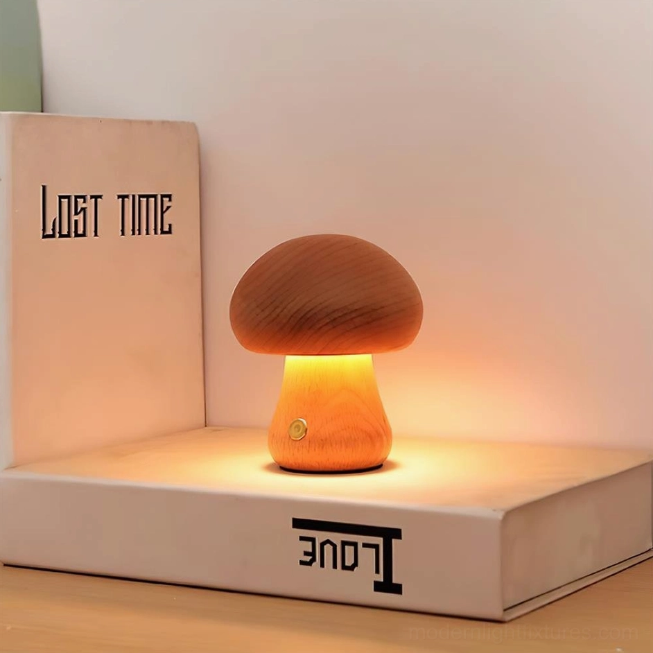 Set of 5 wooden mushroom table lamps in natural wood finish stacked grouping showing bulk display impact