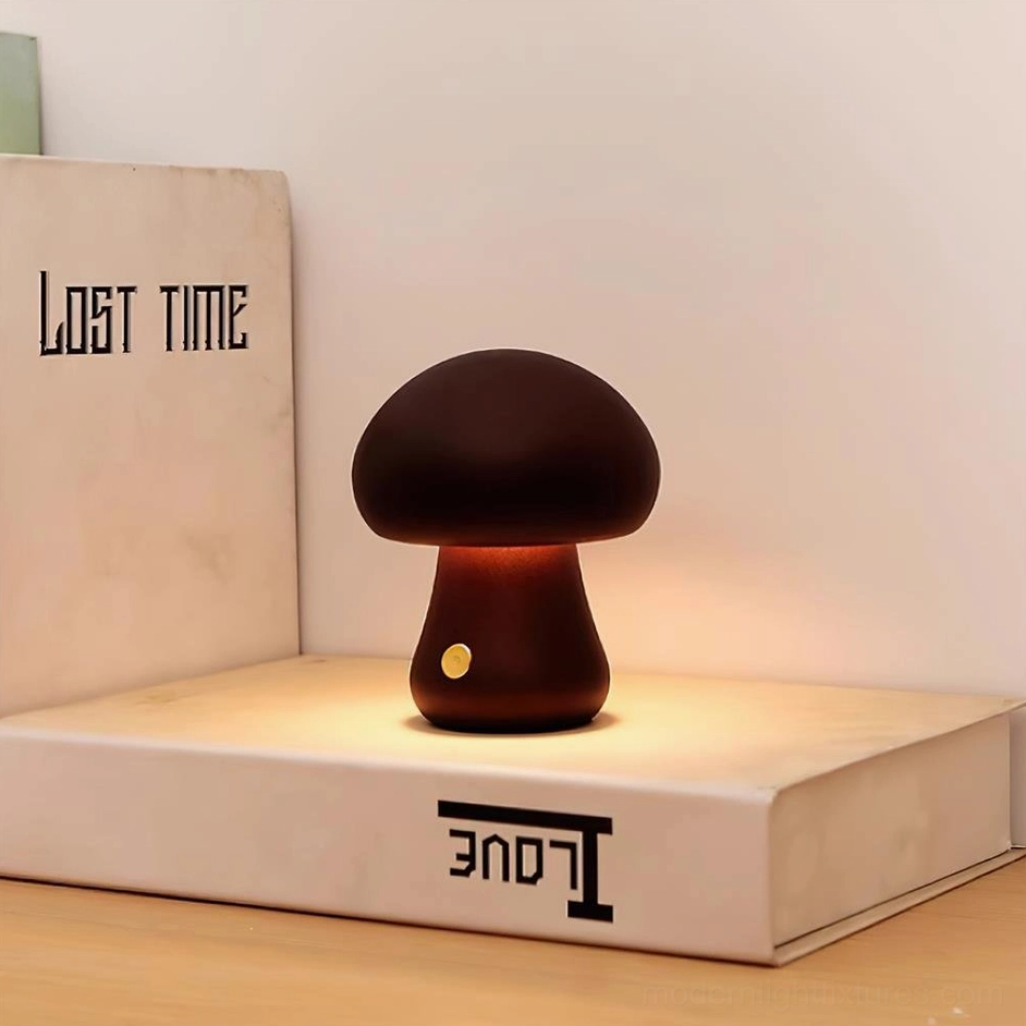 Set of 5 mushroom table lamps walnut finish coordinated grouped display for maximum visual statement