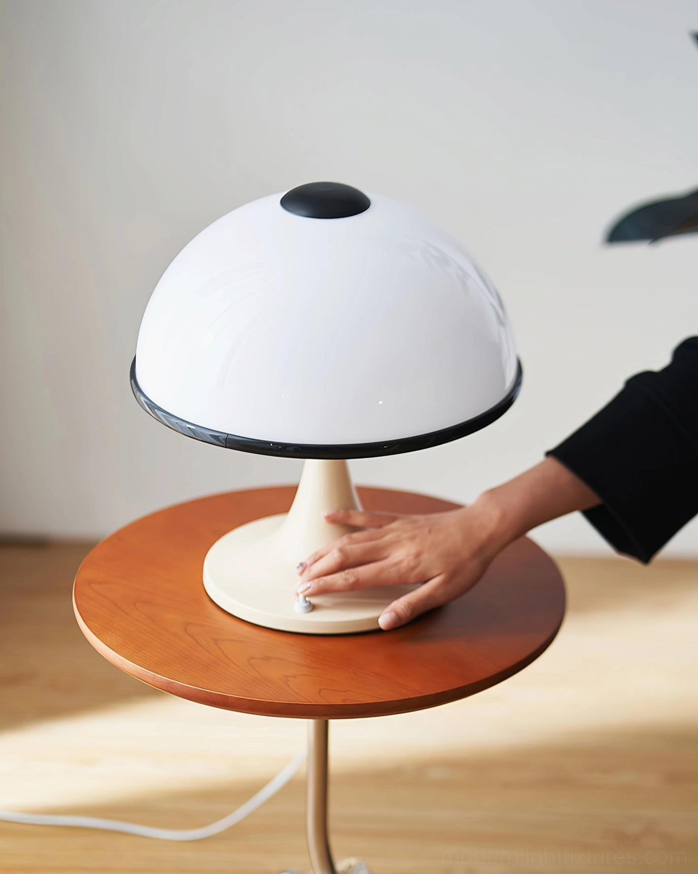 Modern mushroom dome table lamp side angle view metal base glossy shade finish
