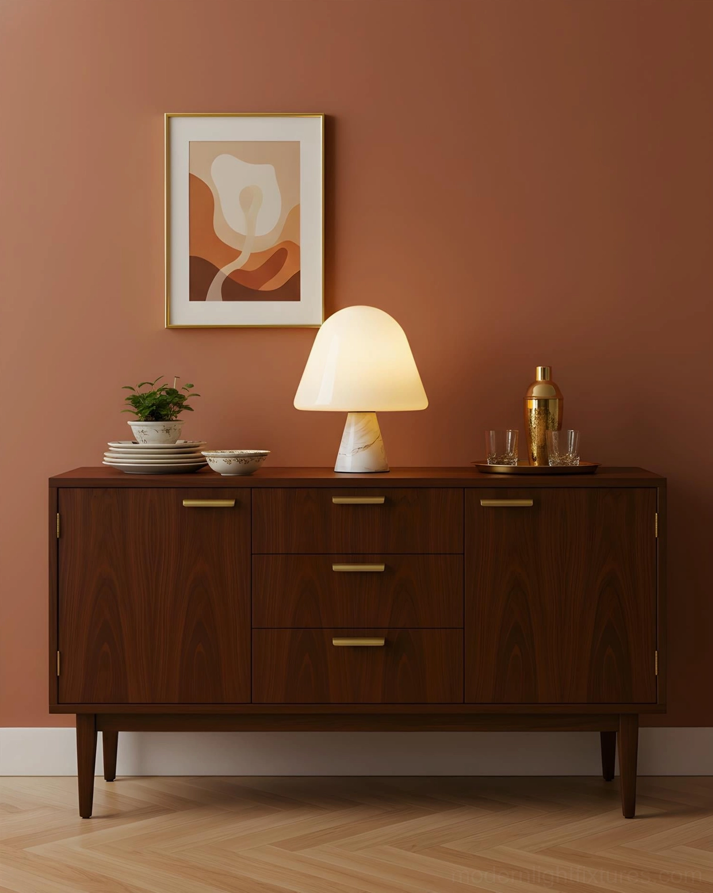 Warm-lit mushroom table lamp on dark wood sideboard in mid-century dining corner with terracotta accent wall and modern decor