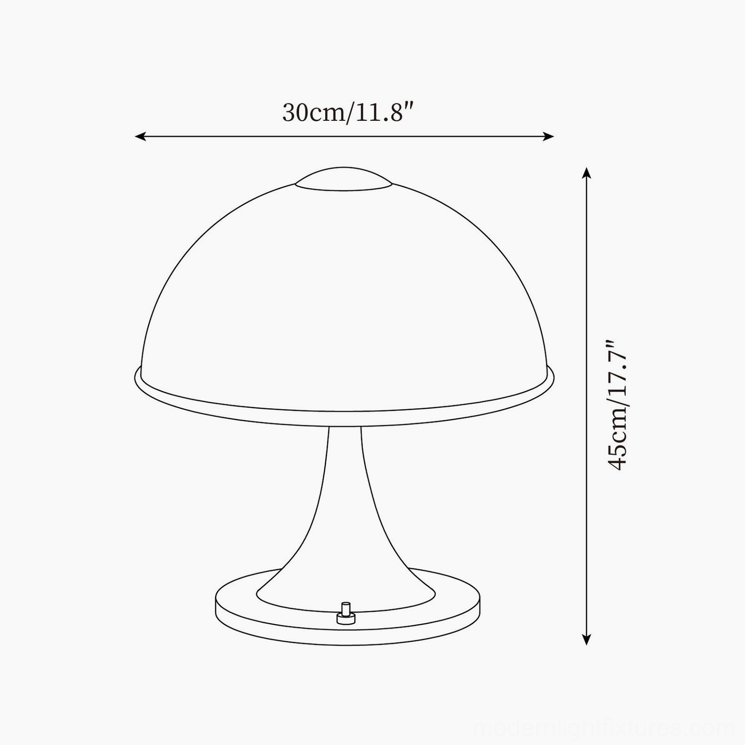 Mushroom table lamp technical line drawing orthographic specifications 30cm diameter 35cm height