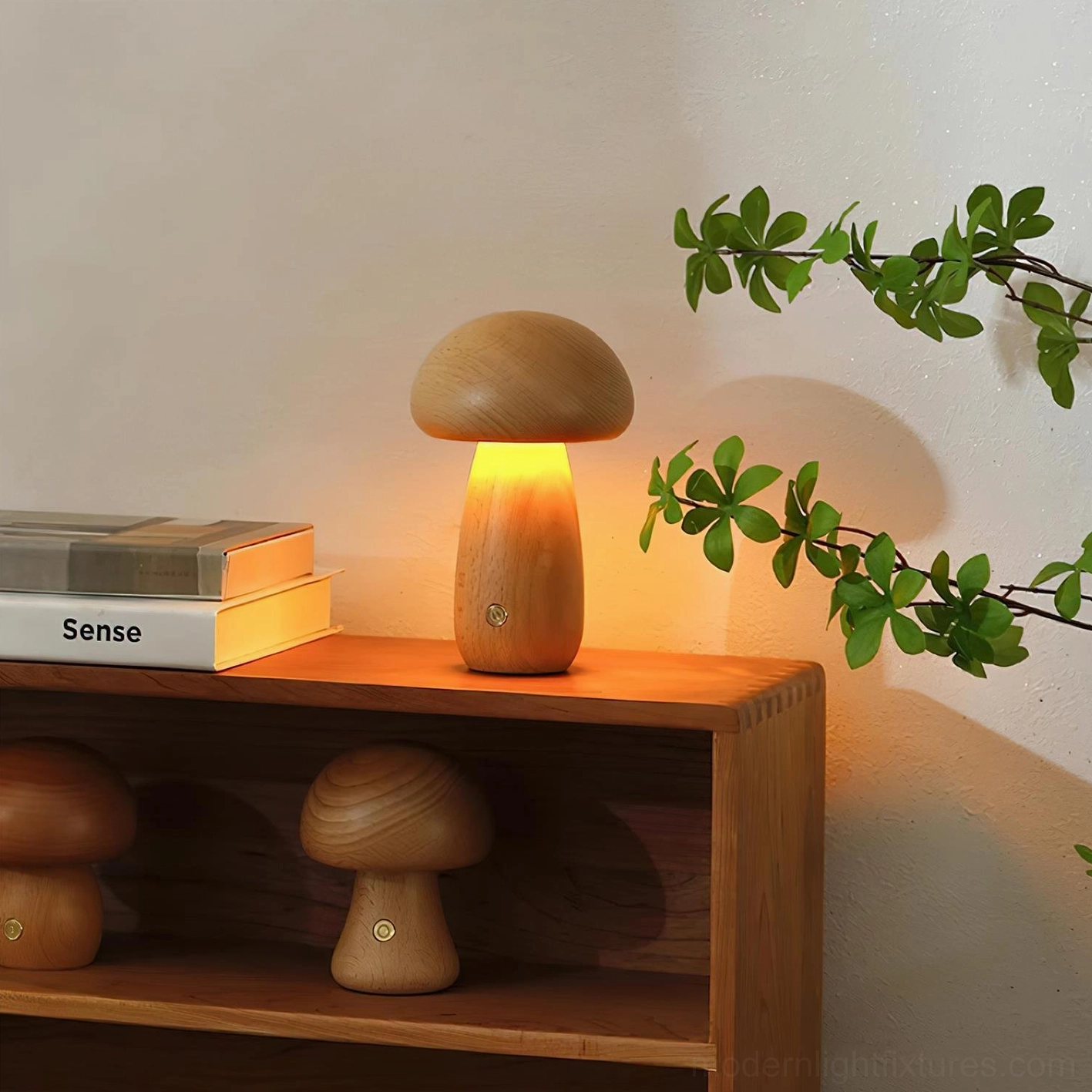 Wooden mushroom table lamp glowing with three-color LED mode demonstration warm white cool white amber