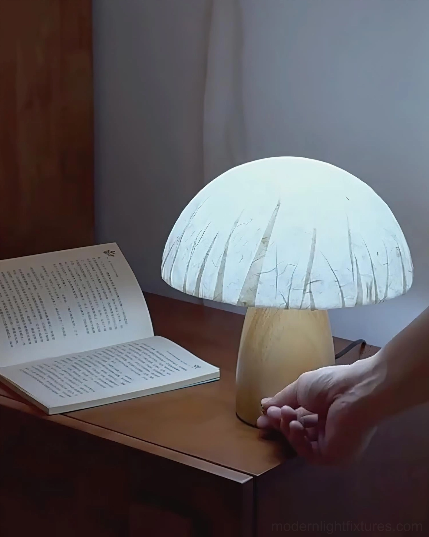 Mushroom table lamp three-quarter view showing dome shape and wooden pedestal base