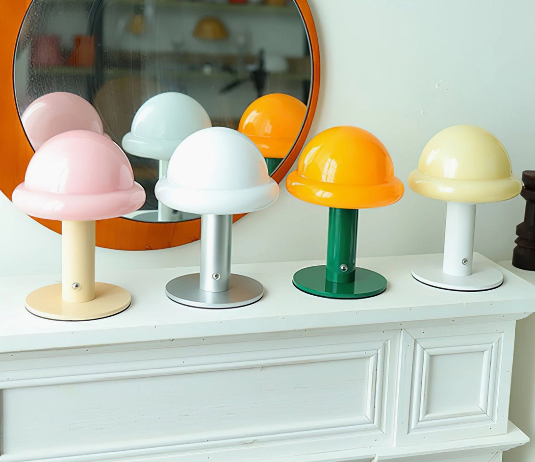 Mushroom portable table lamp touch control switch detail showing intuitive one-hand activation feature