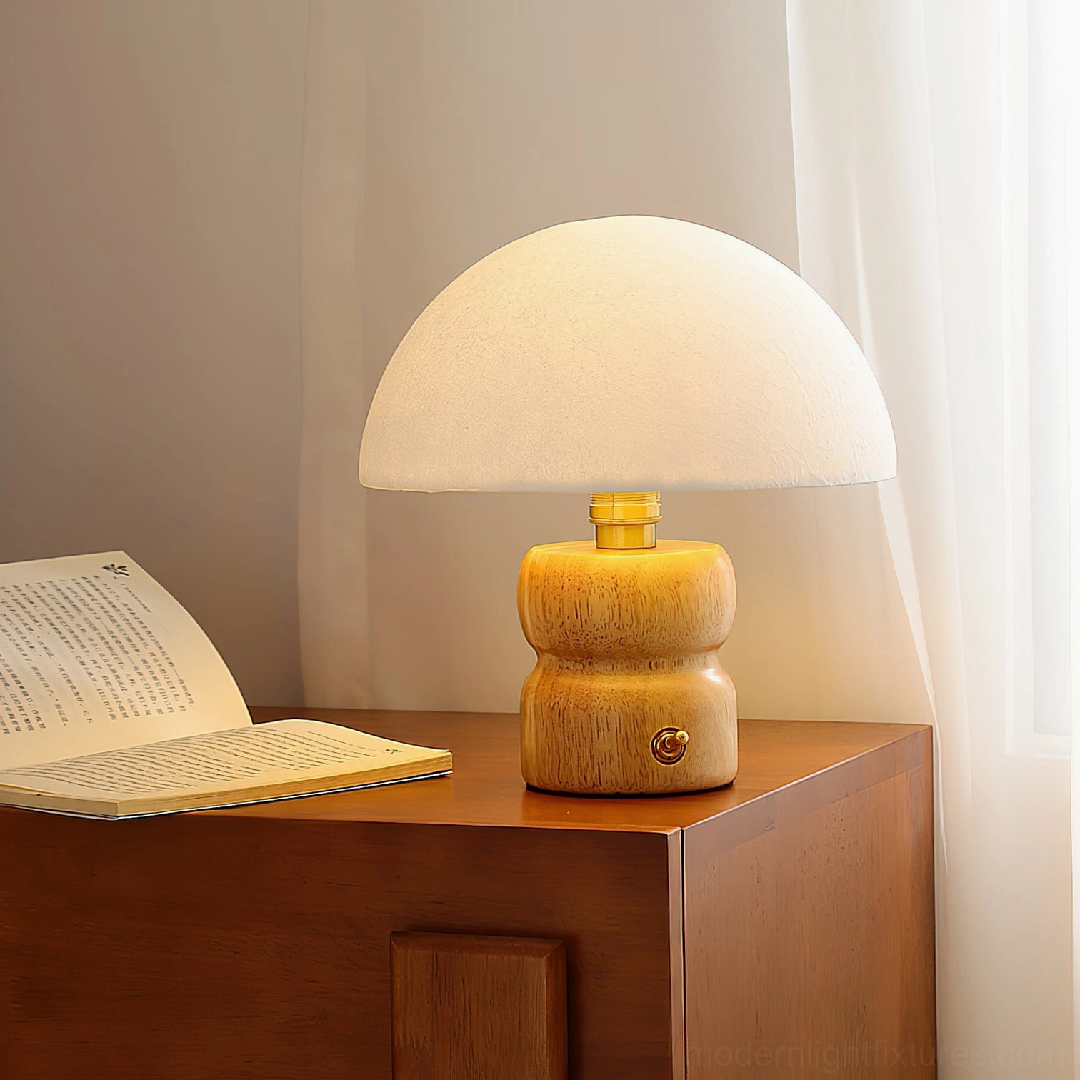 Mushroom table lamp accent lighting creating cozy ambiance on side table in transitional interior design