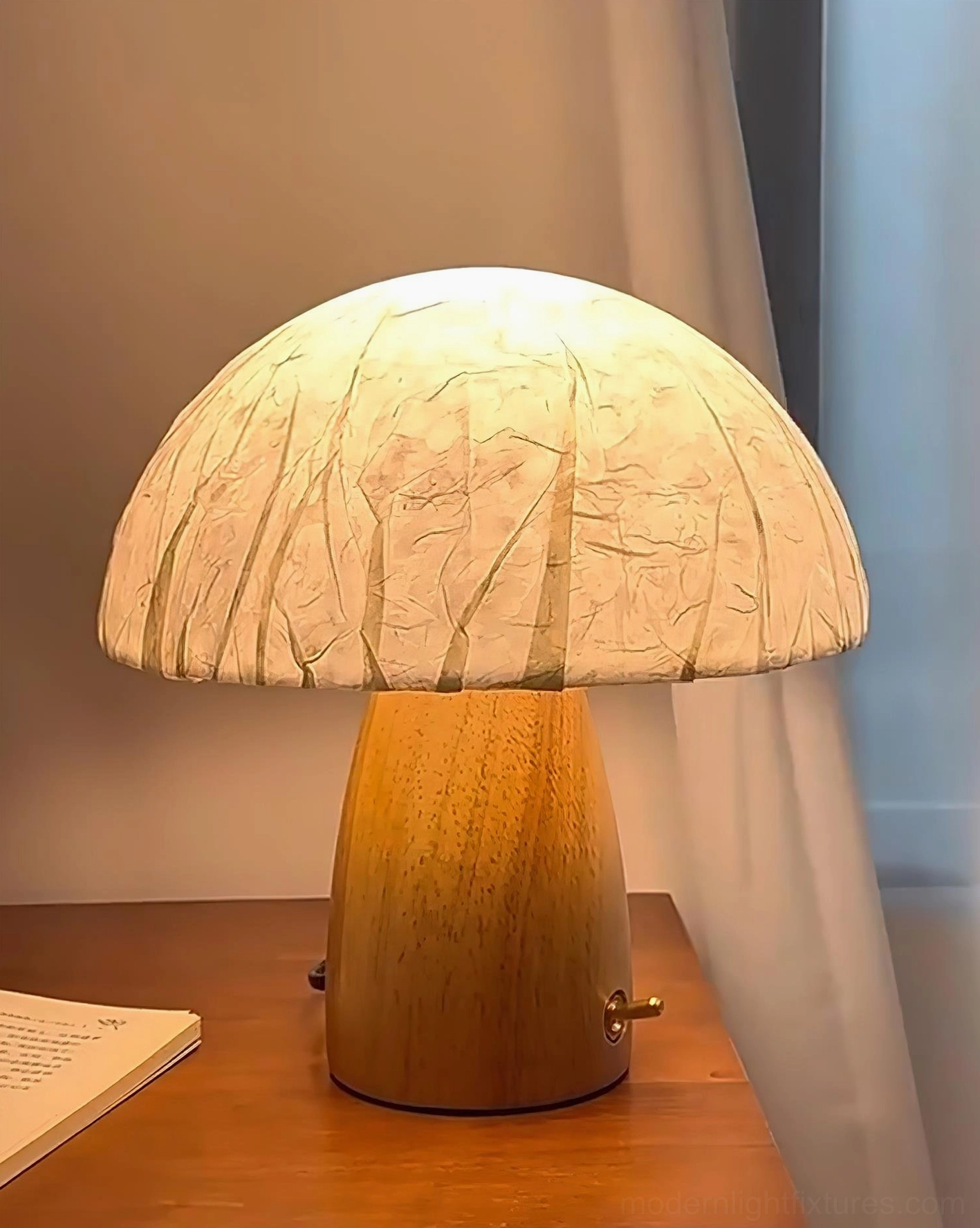 Mushroom table lamp walnut finish in contemporary interior design setting