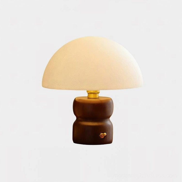 Mushroom table lamp in walnut color finish with acrylic and metal components modern design