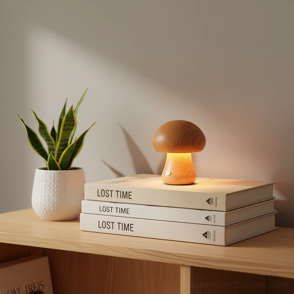 Walnut color wooden mushroom lamp demonstrating rich finish for contemporary interior design styling