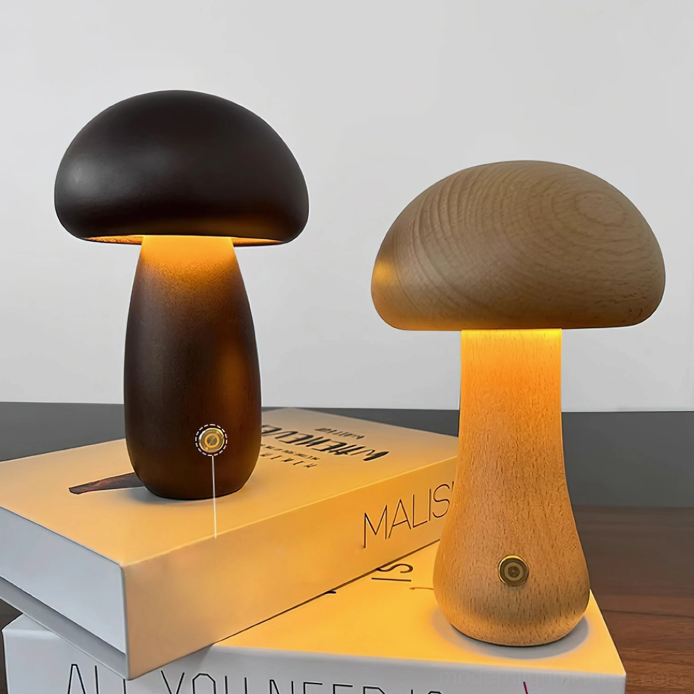 Mushroom table lamp with warm amber light setting creating cozy ambiance for bedroom relaxation space