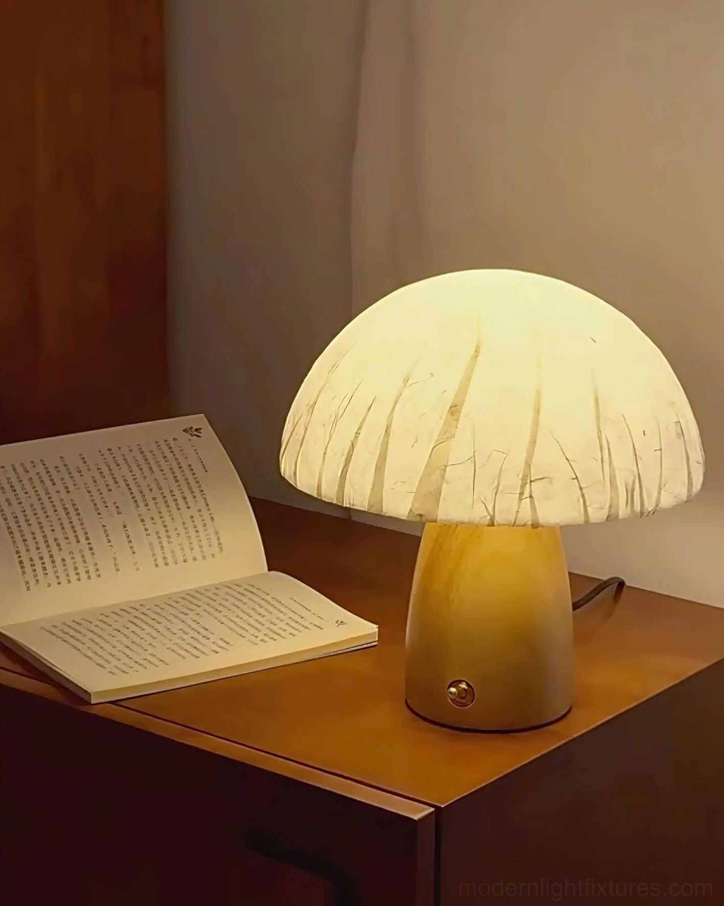 Ambient mushroom table lamp with warm soft light and natural wood construction