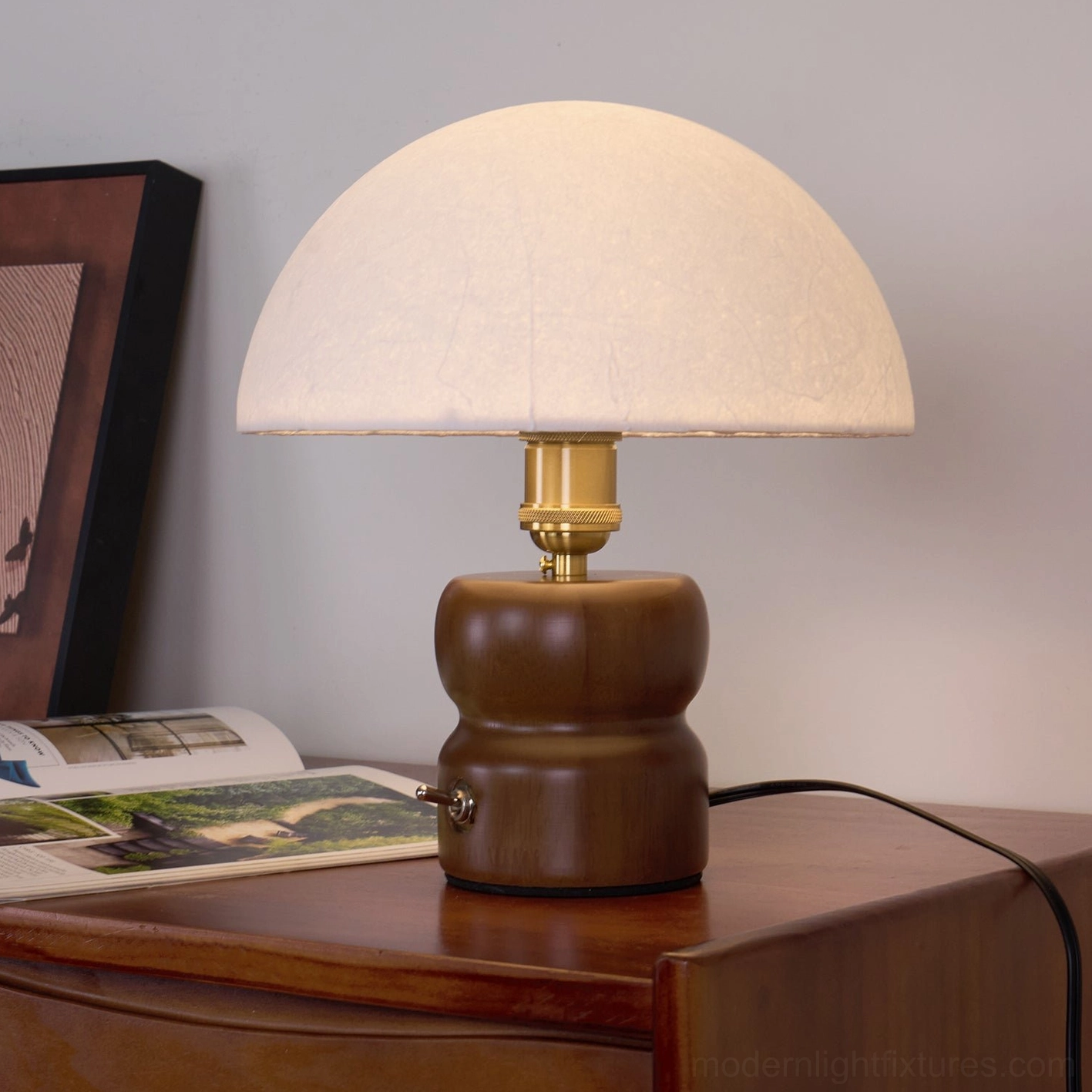 Mushroom table lamp white fabric shade variant with sculptural wooden base contemporary design