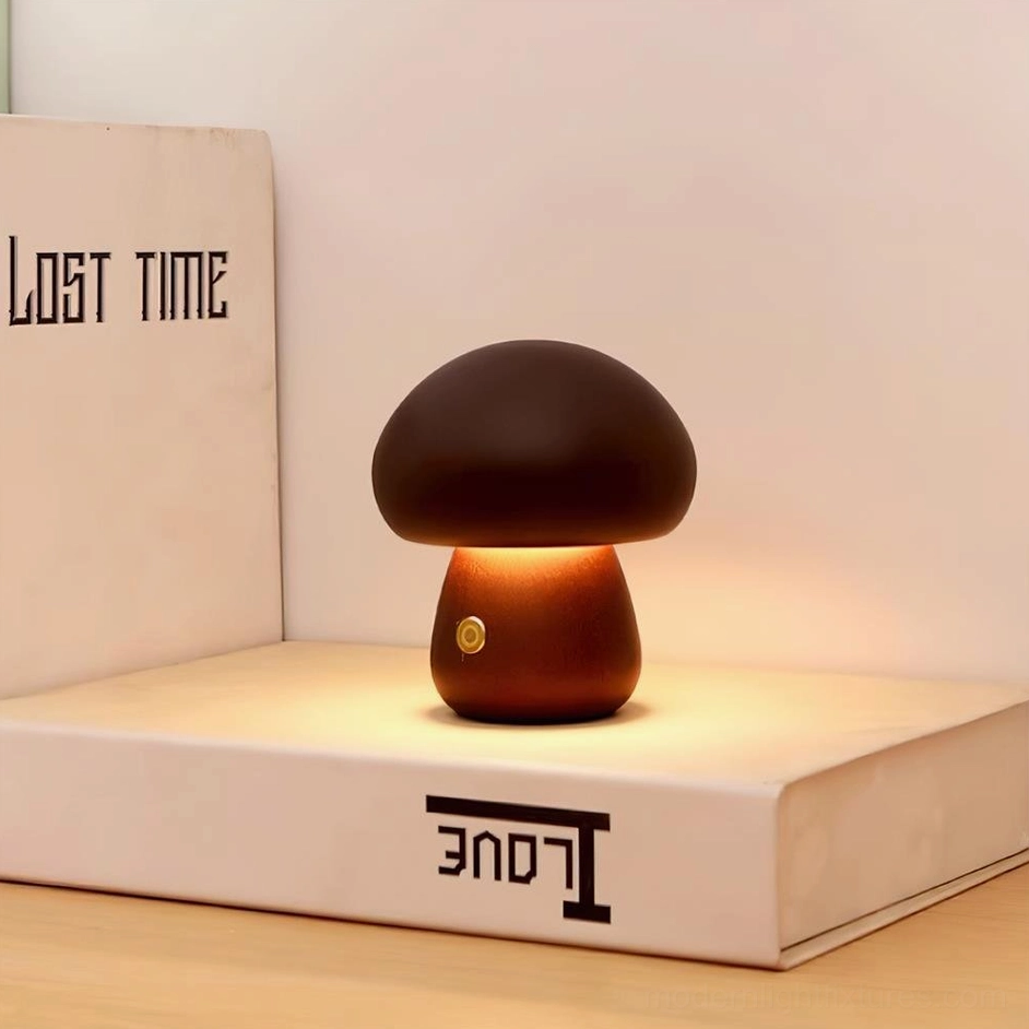 Mushroom table lamp detail shot showcasing premium solid wood grain pattern and natural finish quality