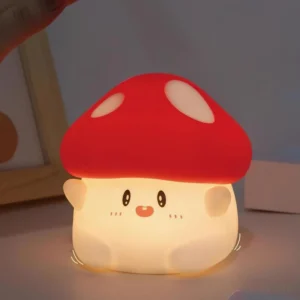 Cute mushroom night light illuminated on desk with photo frame, showcasing warm ambient lighting in home interior