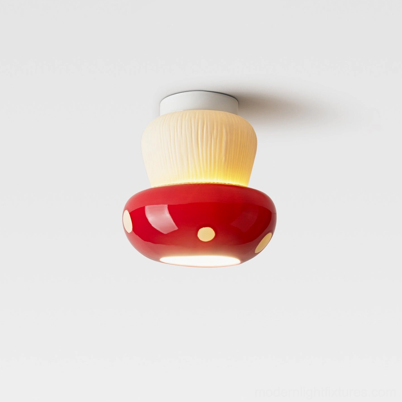 Mushroom ceiling lamp side profile showing glossy ceramic dome and warm light glow