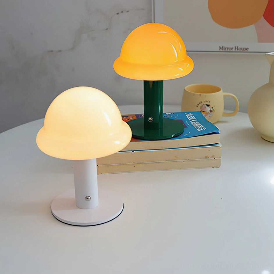 Mushroom portable lamp integrated LED technology showing warm white 3000K ambient light quality