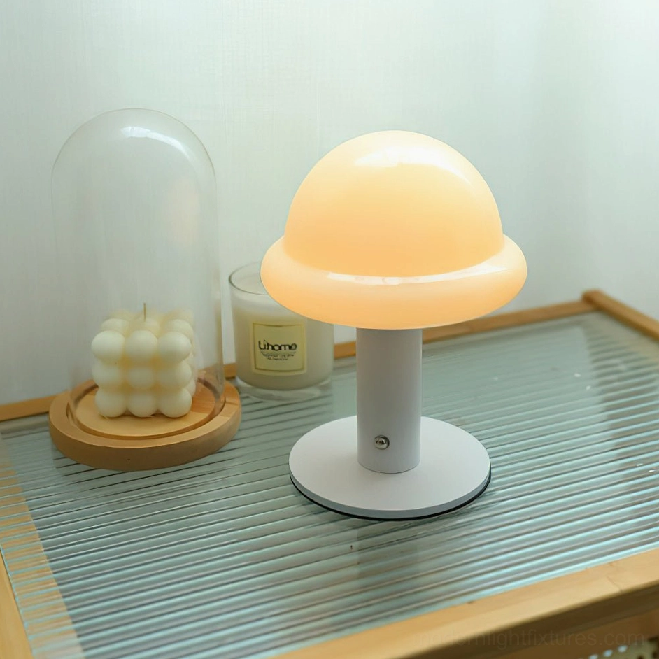 Mushroom rechargeable table lamp suitable for indoor and outdoor use on patio or garden setting