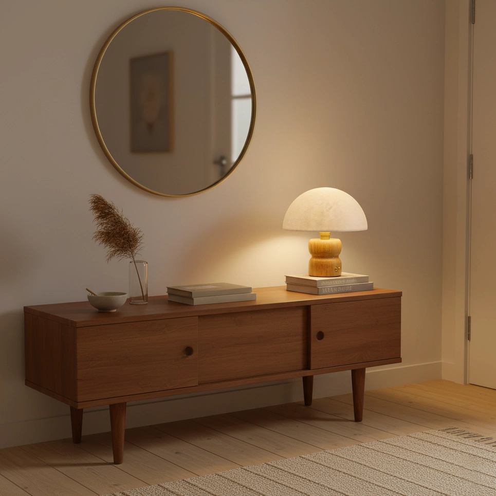 Mushroom shaped table lamp with soft fabric dome shade and sculptural wood base in living space
