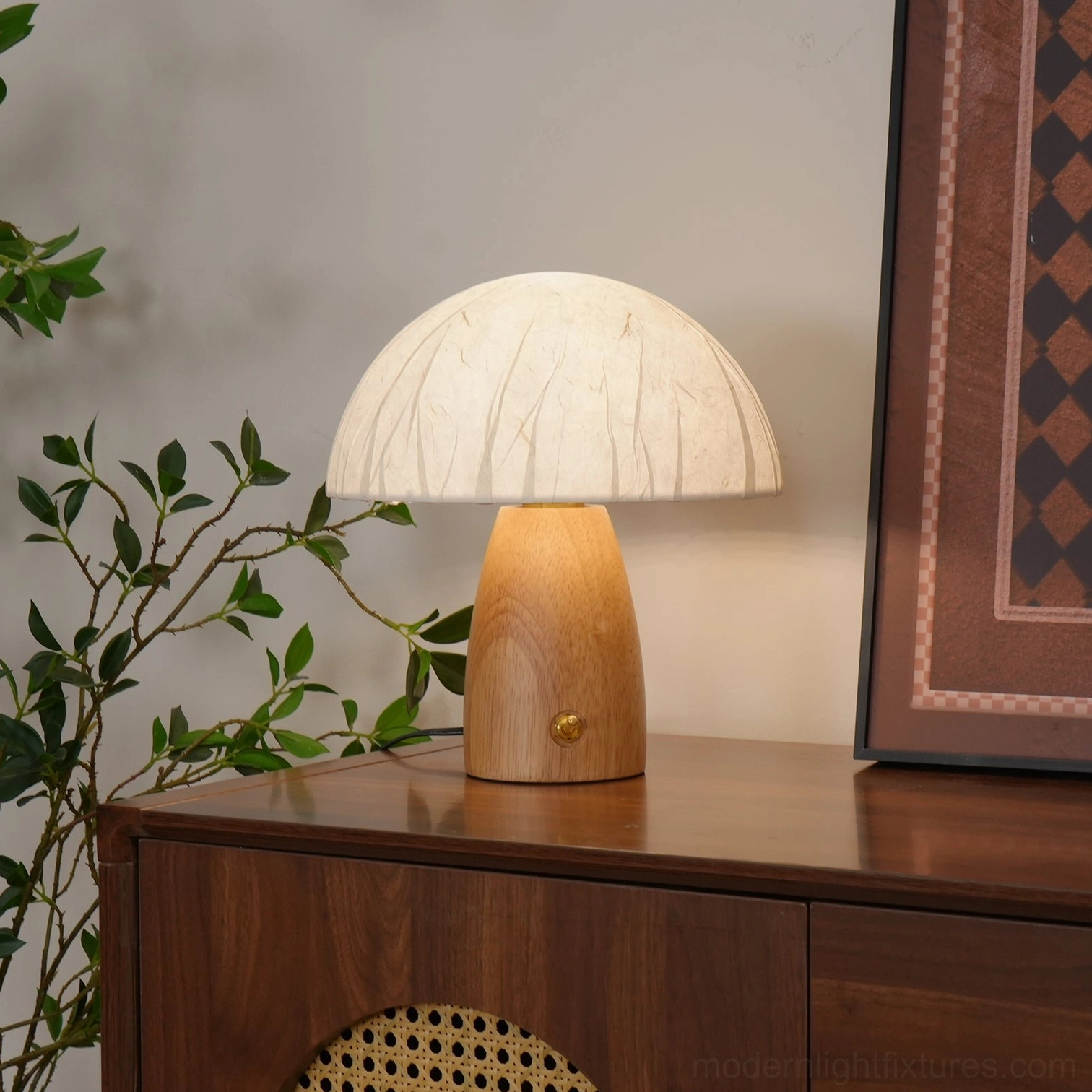 Ambient mushroom table lamp with warm illumination and rattan decor background