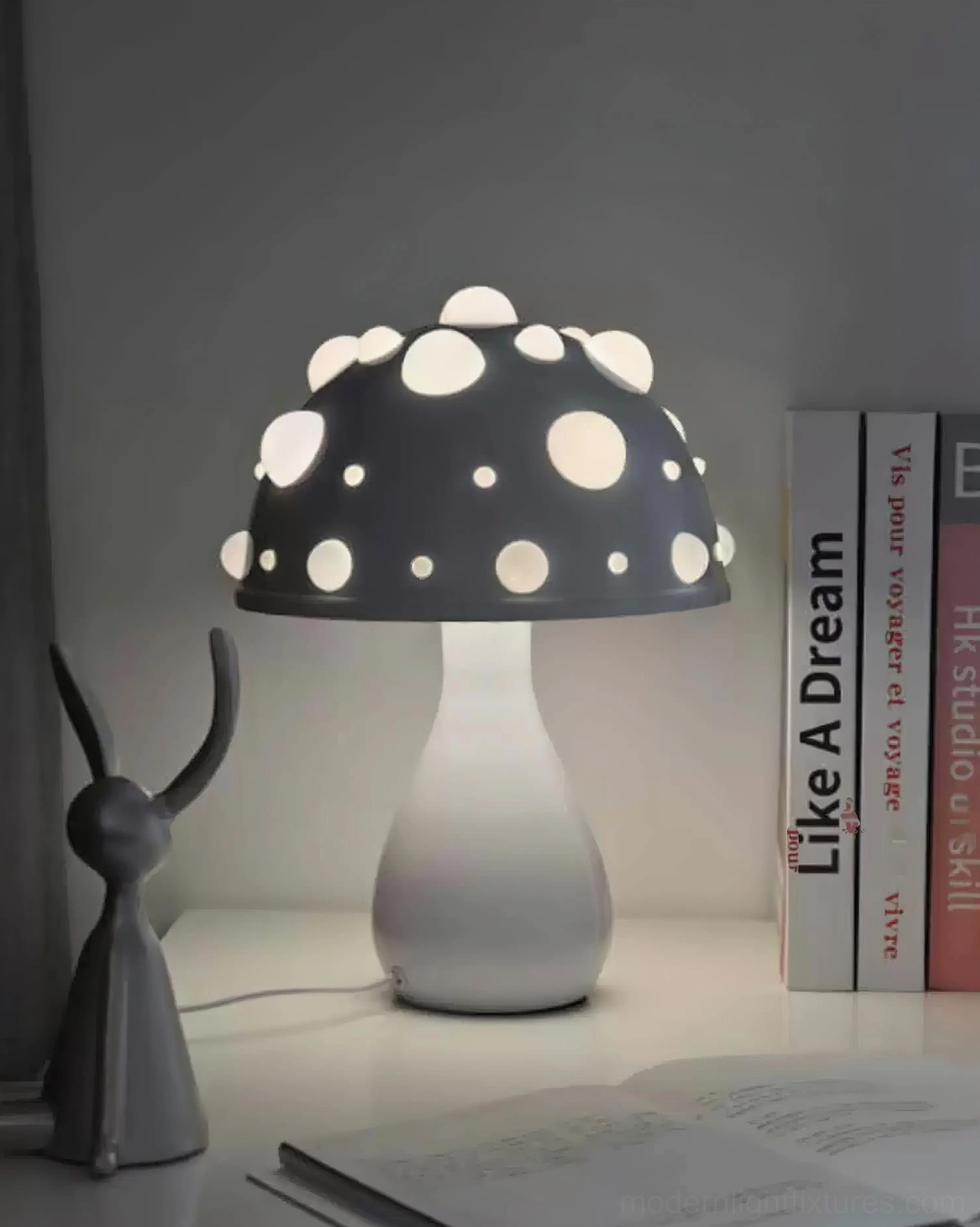 Whimsical mushroom table lamp artistic design detail showing spotted cap and integrated LED construction