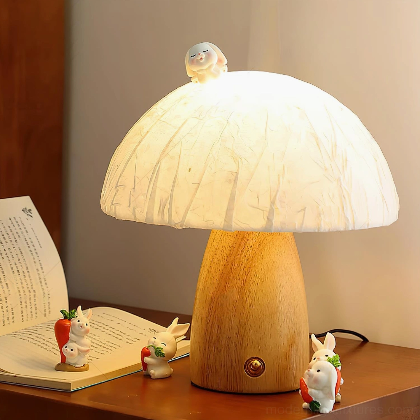 Natural wood mushroom table lamp with soft acrylic dome in ambient bedroom lighting