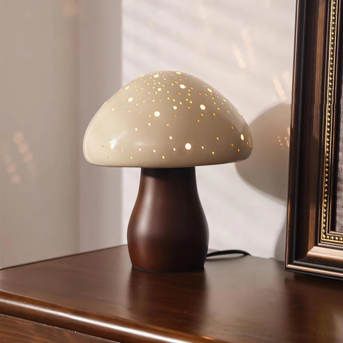 Mushroom ceramic table lamp illuminated on bedroom nightstand creating warm dappled ambient lighting