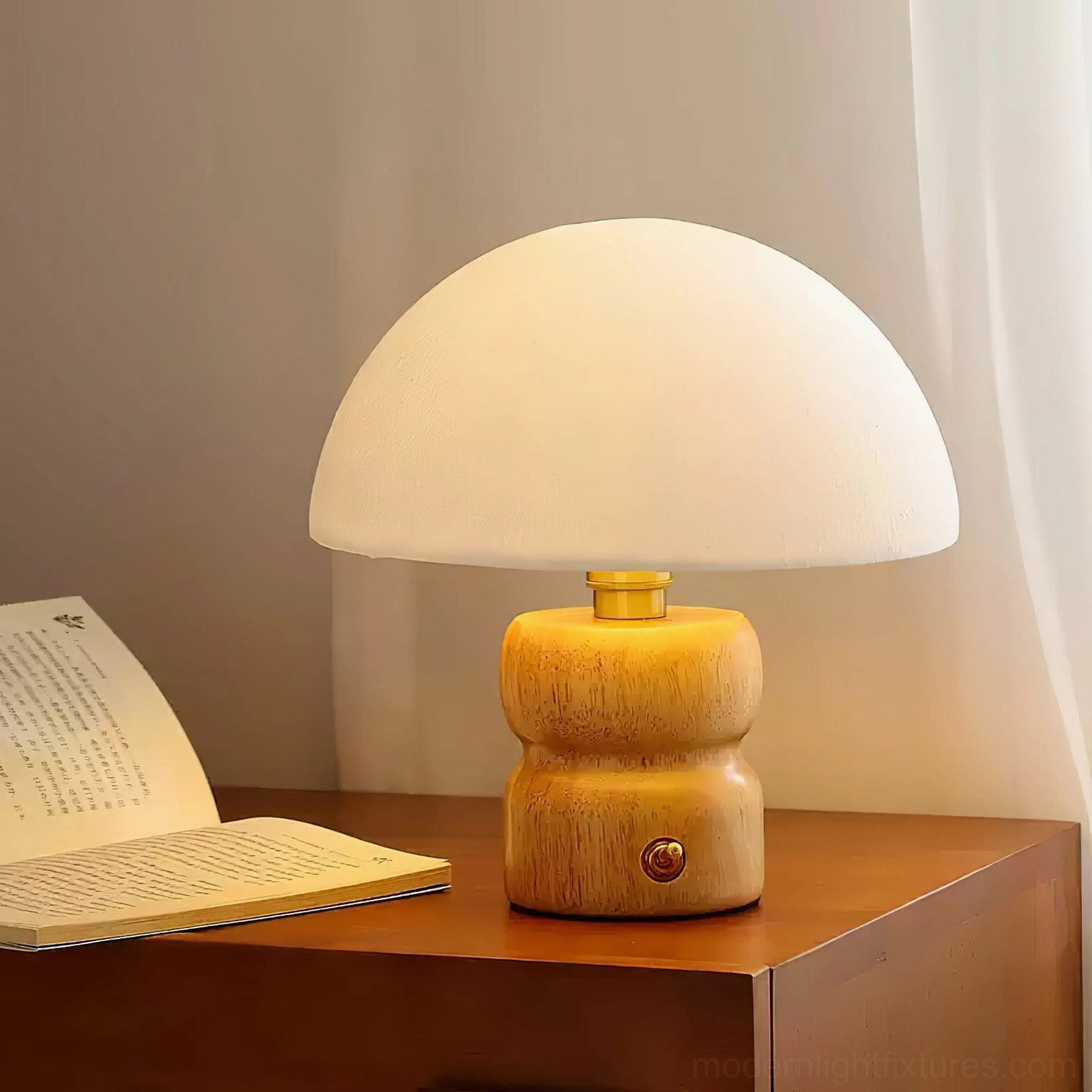 Warm ambient mushroom table lamp on wooden nightstand creating peaceful bedroom lighting atmosphere