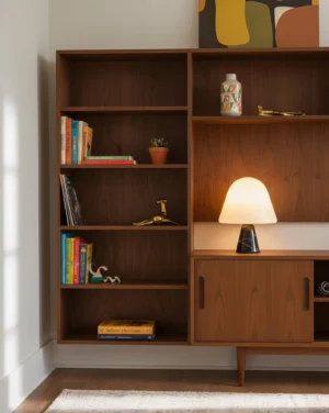 Marble mushroom table lamp positioned on walnut bookshelf in mid-century modern study room, warm ambient lighting over books and decor