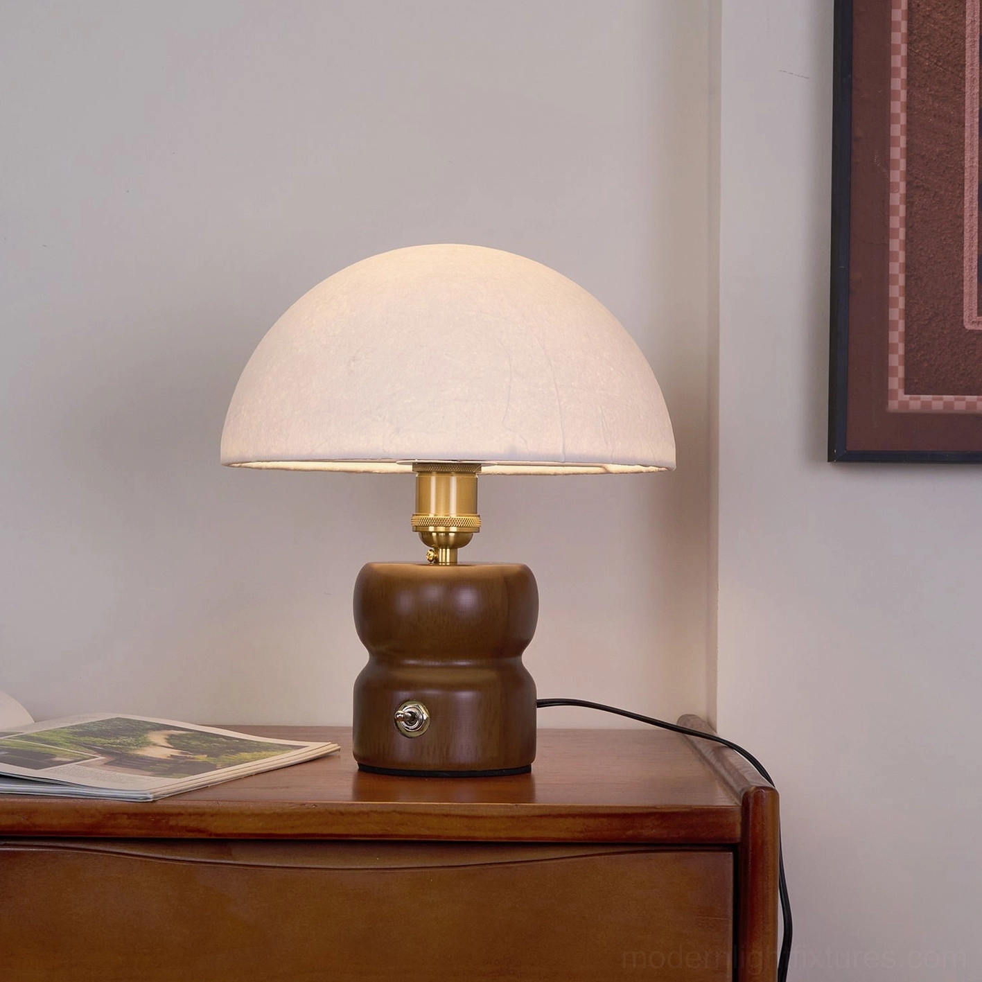 Modern table lamp mushroom design showing multiple color finishes walnut wood and gold options