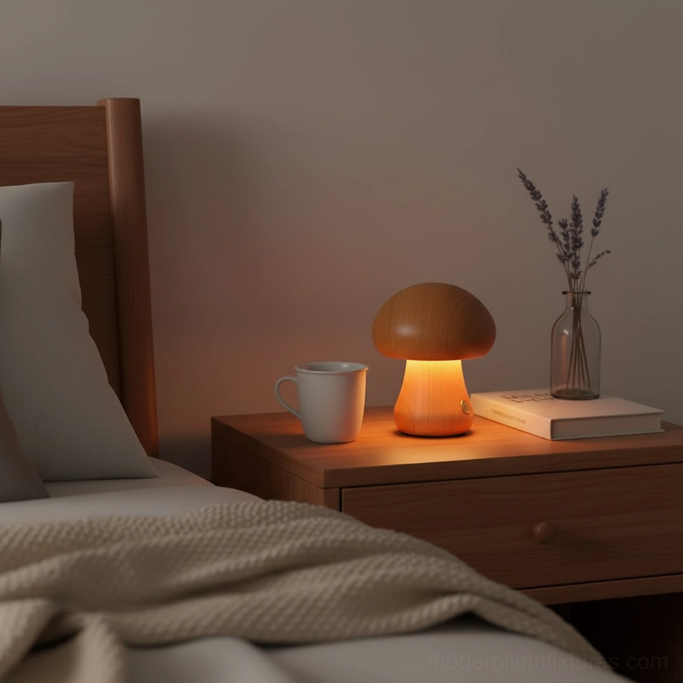 Compact wooden mushroom table lamp perfect for bedroom nightstand or small desk surface placement