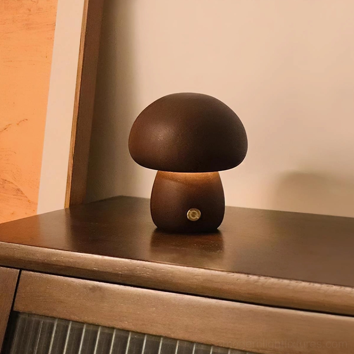Wooden mushroom table lamp side angle view highlighting smooth curves and ergonomic touch button placement