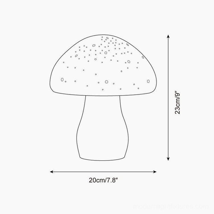 Mushroom lamp technical specifications diagram showing 23cm height and 20cm width dimensions