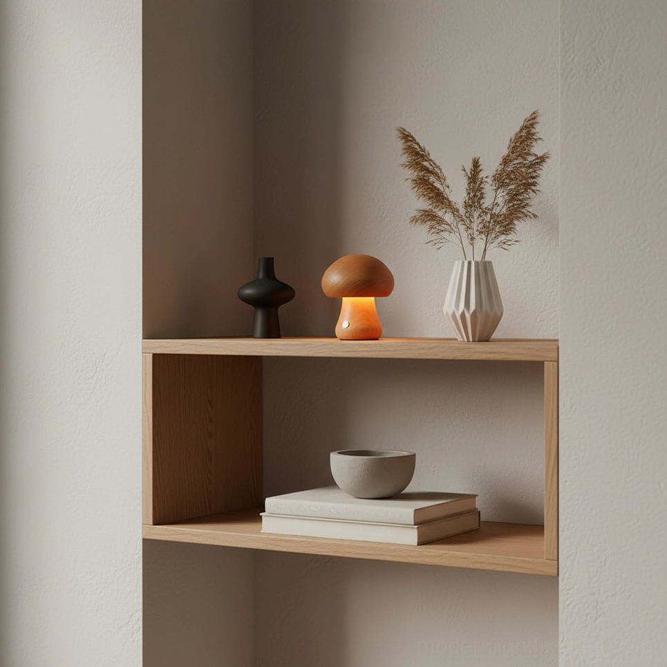 Wooden mushroom table lamp glowing warmly on floating shelf with minimalist home decor styling