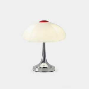 Retro mushroom table lamp front view with white shade and chrome base on neutral background