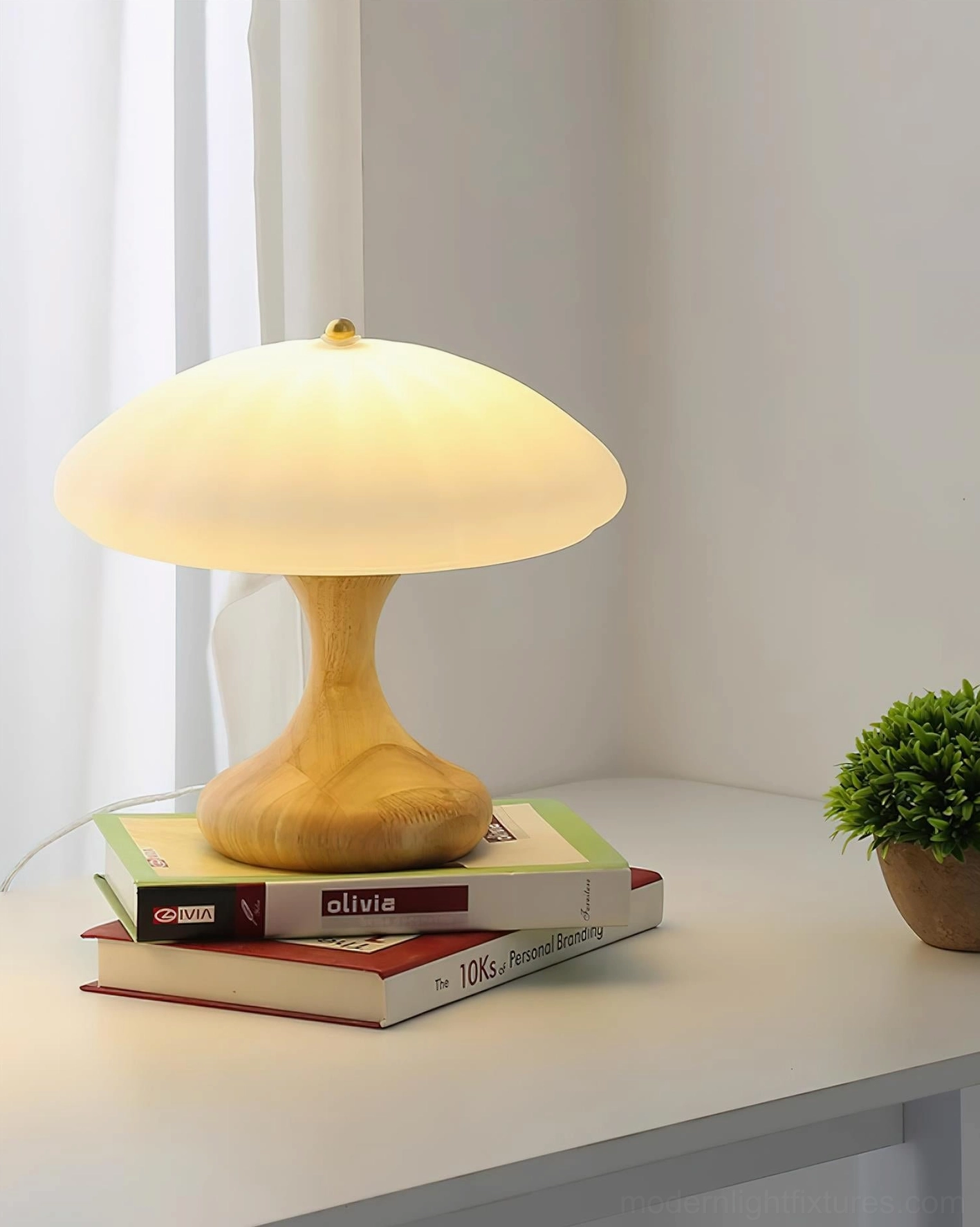 Mushroom table lamp showcasing premium frosted glass shade texture and wood base construction, product quality detail photography